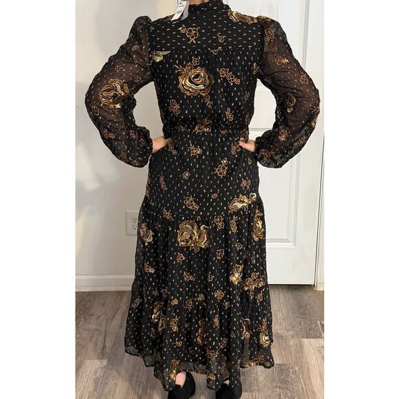 Express Black Gold Embroidered Midi Dress NWT Small Witchy Eventwear - Picture 2 of 16